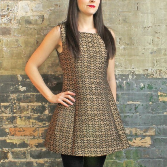 NWT Gold Brocade Espresso Brown Pink Martini Party Dress XS - Picture 1 of 6